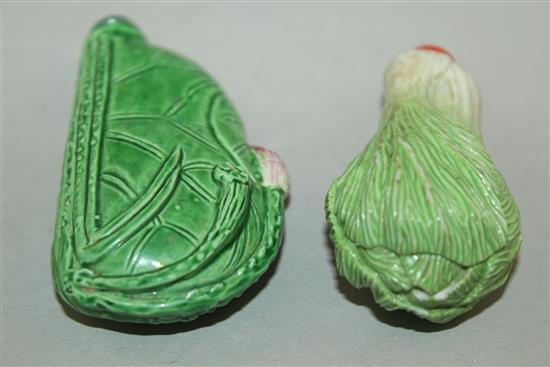 Two Chinese moulded porcelain leaf shaped snuff bottles, late 19th / early 20th century, 6.7cm